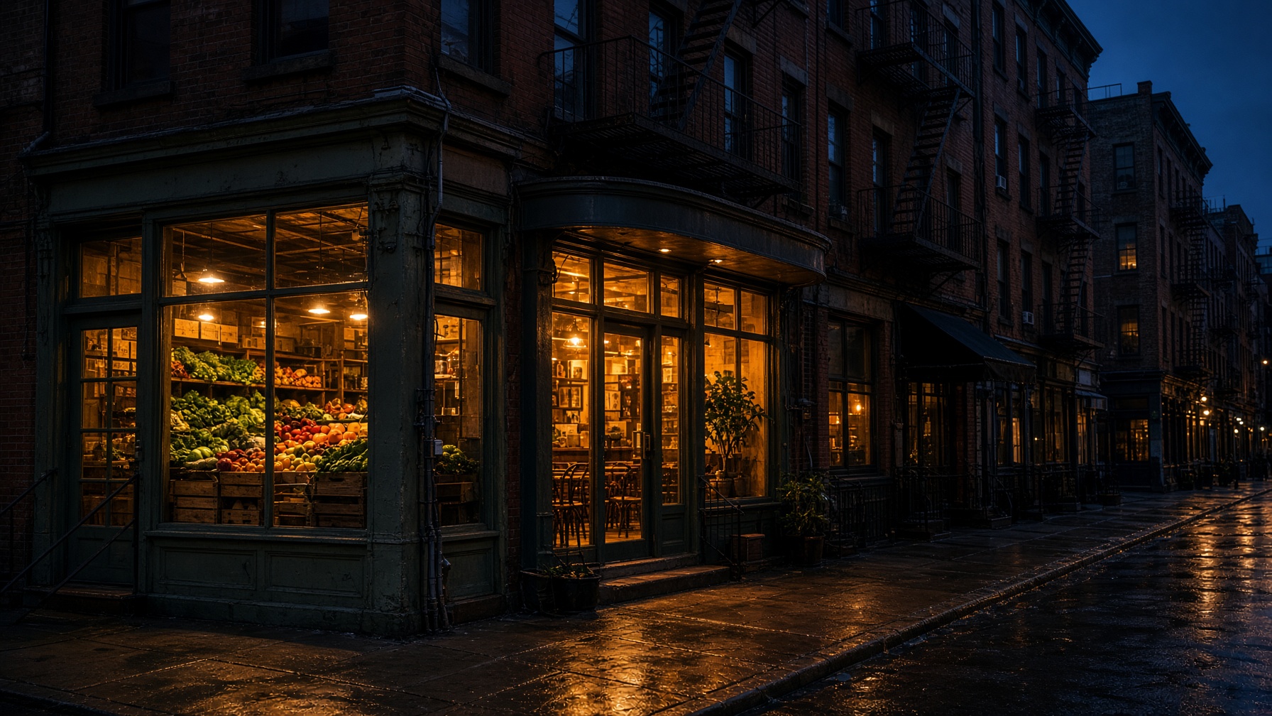 A lit corner storefront on a wet city street at dusk